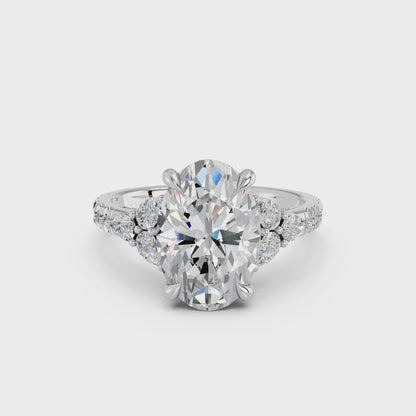 OVAL ENGAGEMENT RING WITH FLORAL SIDE CLUSTERS 3.00 CTTW