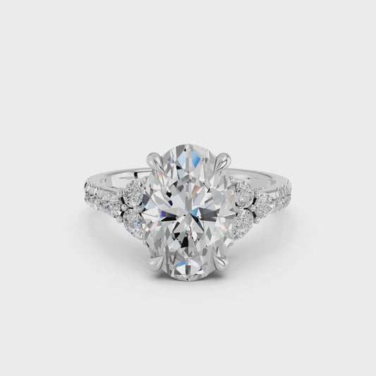 OVAL ENGAGEMENT RING WITH FLORAL SIDE CLUSTERS 3.00 CTTW