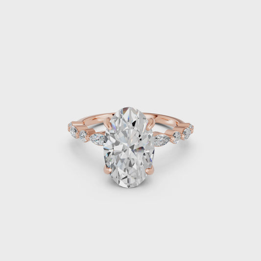 OVAL ENGAGEMENT RING WITH MQ/RD SIDE STONE 3.00 CTTW